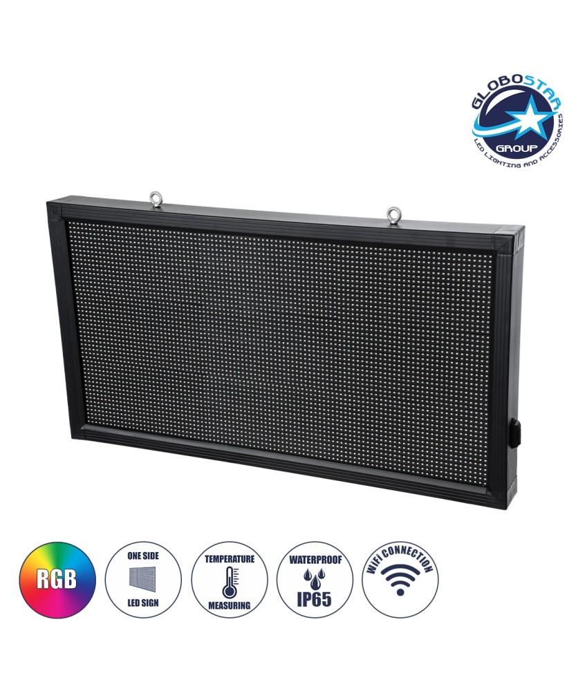 GLOBOSTAR® DISPLAY 90297 Κυλιόμενη Ψηφιακή Επιγραφή 96x48cm P10 Μονής Όψης LED AC 220-240V Αδιάβροχο IP65 RGB - WiFi Control μέσω FK APP - Αισθητήρας Θερμοκρασίας & Υγρασίας - Μ104 x Π9 x Υ56cm - 2 Χρόνια Εγγύηση